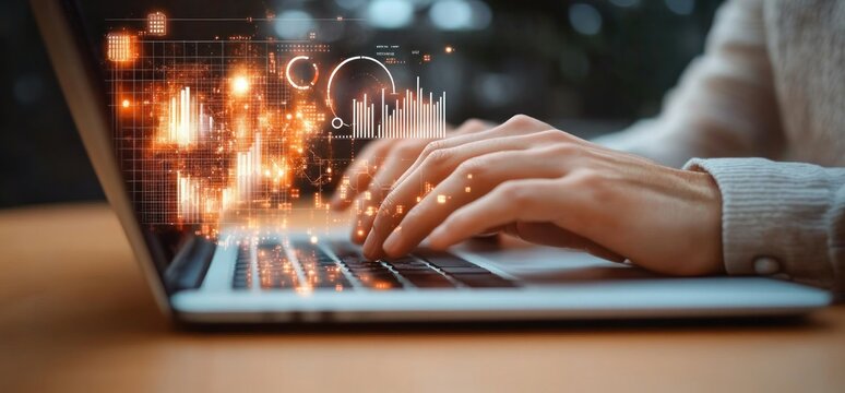 Close Up of Hands Typing on Laptop for Business Strategy and Financial Market Analysis with Futuristic Dashboard Overlays