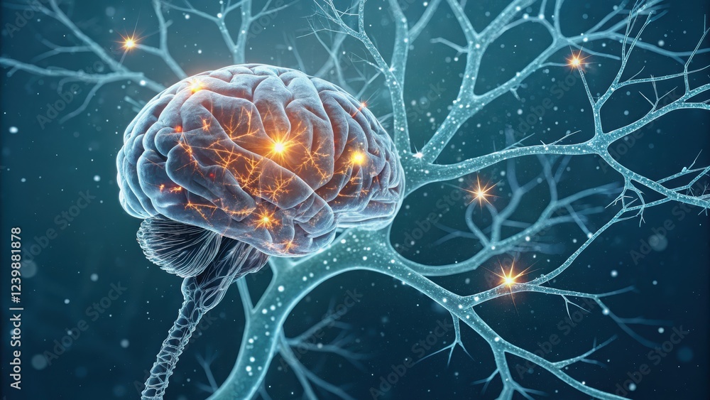 Aufkleber brain connected to neural pathways and glowing synapses