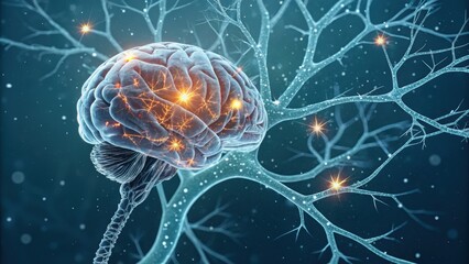 Brain connected to neural pathways and glowing synapses