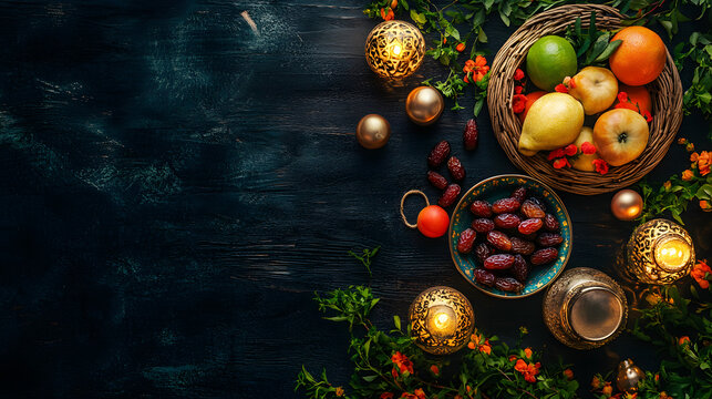 Table top view aerial image of decorations Ramadan Kareem holiday