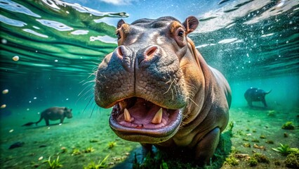 Underwater Hippopotamus Blowing Bubbles Close Up