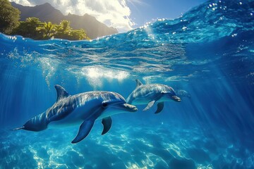 Fototapeta premium Graceful Dolphins Swimming Underwater Beneath Sunlit Waves in Tropical Ocean Scene with Lush Green Mountains