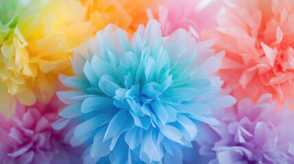 Obraz premium Rainbow paper flowers, close-up, festive background, party decor