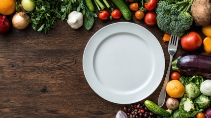 A white plate surrounded by fresh vegetables on a wooden table, suggesting a healthy meal.