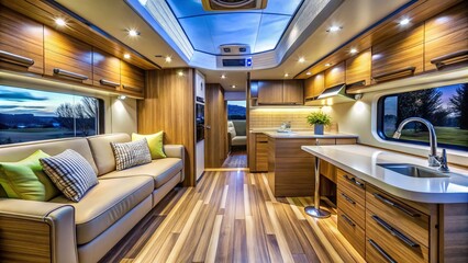 Obraz premium Upscale Modern Camper Van Motorhome Interior Displayed in Showroom