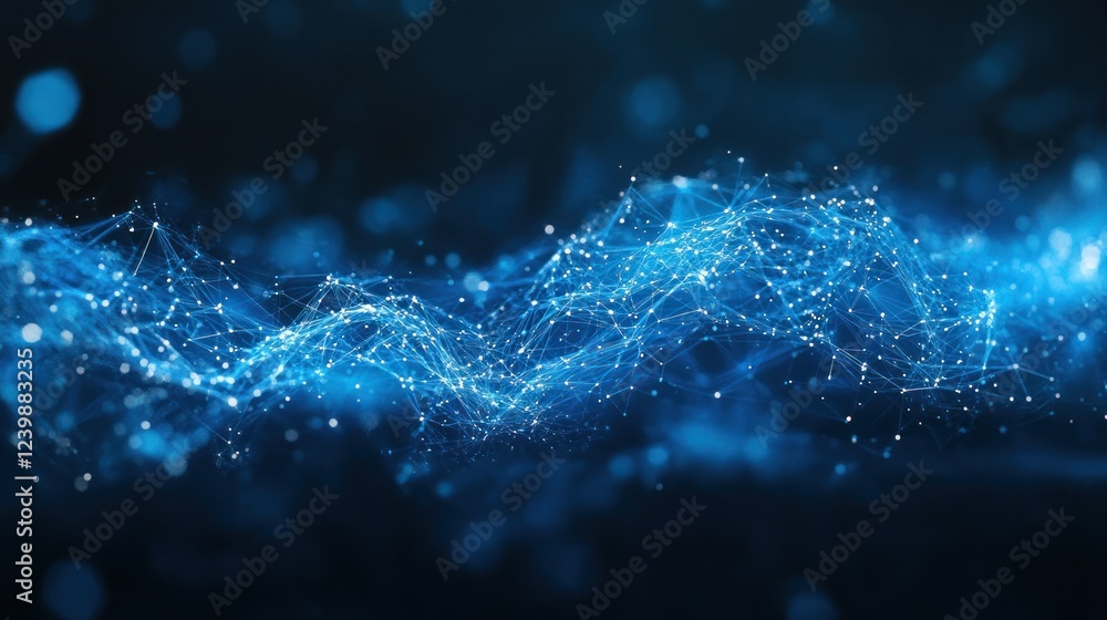 Poster Network of blue light nodes connected in a wave pattern on a dark background for technology use