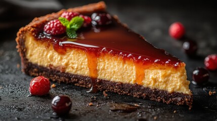 Delicious Caramel Glaze Cheesecake Slice with Raspberries Gourmet Dessert Photography
