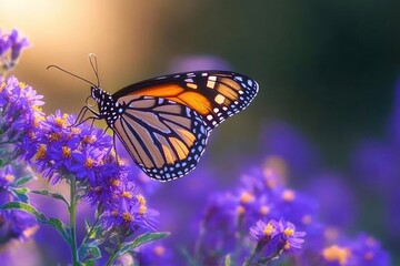 Obraz premium Monarch butterfly on vibrant purple aster flowers in summer garden habitat