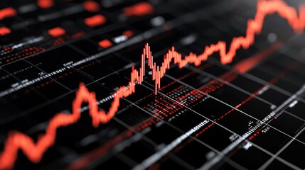 A digital stock market graph displaying fluctuating prices in red against a dark background.