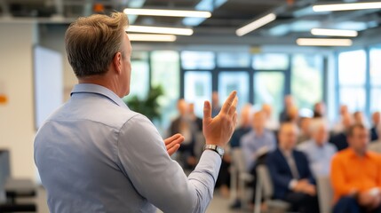 Senior executive manager giving a business presentation to a large group of diverse professionals during a corporate seminar in a modern, spacious office