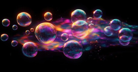 Floating Dreamy Soap Bubbles with Iridescent Reflections and Whimsical Colors in Soft Focus