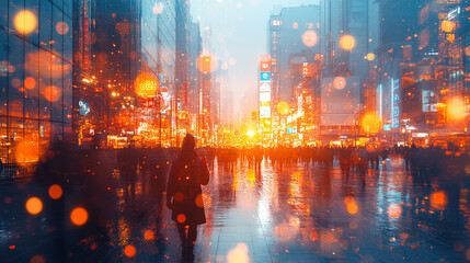 Obraz premium Rainy Night Cityscape Urban Scene Vibrant Lights Reflective Streetscape Dramatic Atmosphere Evening 