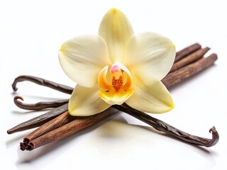 Vanilla Orchid Bloom and Sticks on White Backdrop