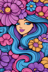 A girl with long blue hair and a flowery headdress. The flowers are in various colors and are scattered throughout the image. Scene is whimsical and playful