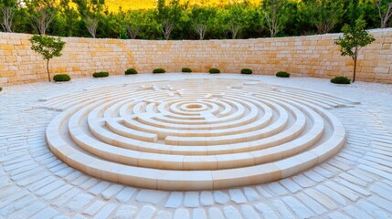 Stone labyrinth garden, sunset background, peaceful place