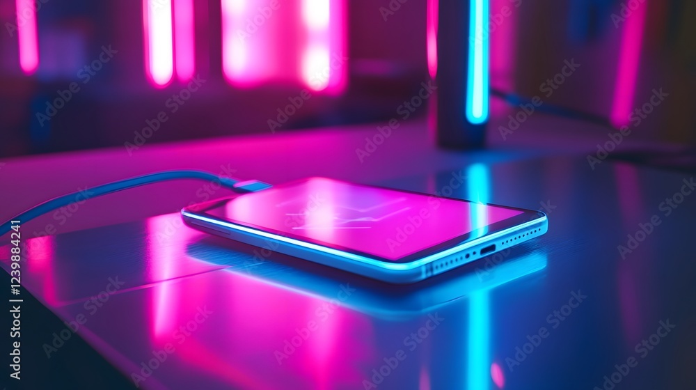 Poster a cell phone is plugged into a charger on a table with a colorful background. the phone is charging 