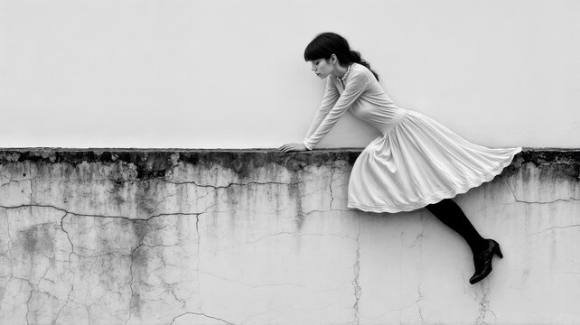 A whimsical illustration of a young teenage woman straddling an old cement wall. Black and white. The girl is wearing a white dress and black stockings. Minimalist composition.