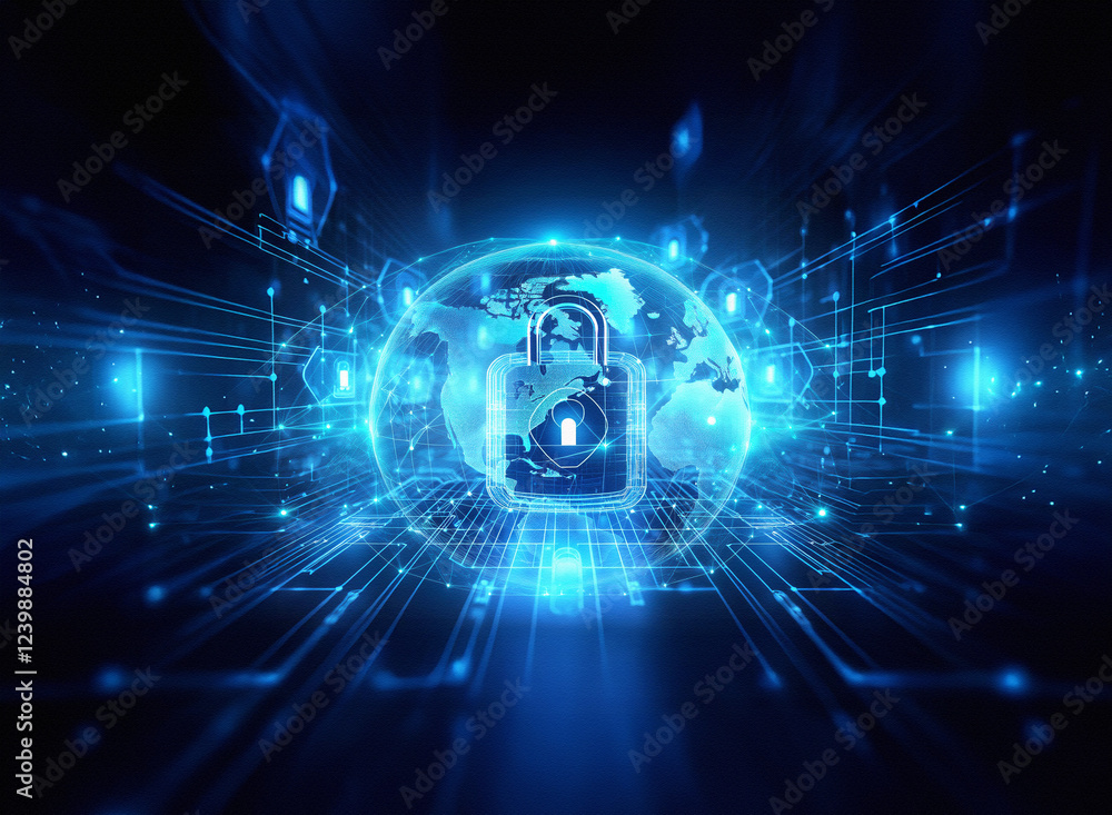 Poster a double exposure image depicting global cybersecurity. a glowing blue padlock sits at the center of