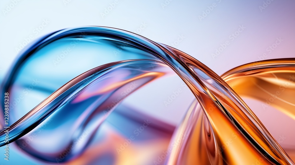 Poster translucent blue and orange swirls interweaving gracefully, forming ethereal glass like abstract pat