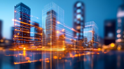 Light trails and network connections are illuminating a smart city with modern buildings at dusk, symbolizing innovation, technology, and the future of urban development