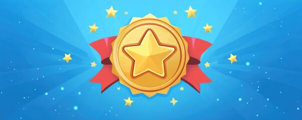 Fototapeta premium Golden Star Award Medallion with Red Ribbon and Stars Background