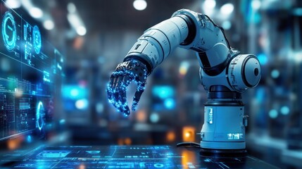 Futuristic Robotic Arm in Modern Laboratory with Cyberpunk Aesthetic and Holographic Data Visualizations