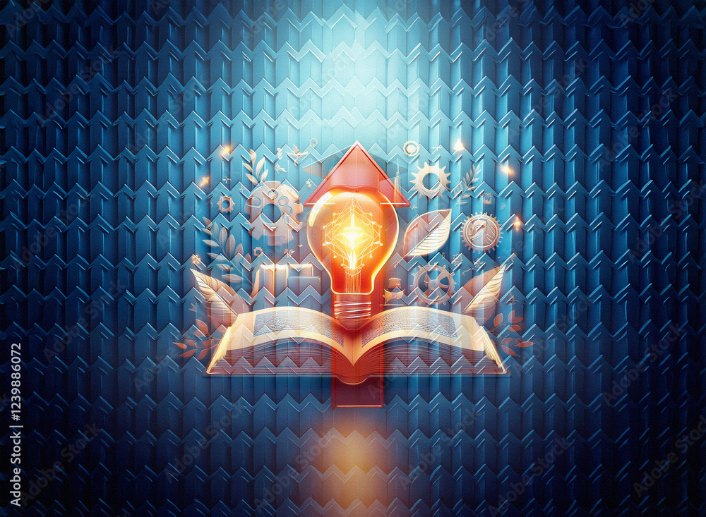 Poster a glowing lightbulb, symbolizing knowledge and innovation, emerges from an open book, set against a 