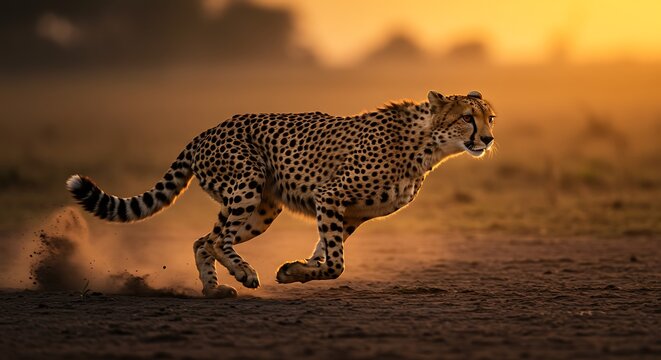 Cheetah Running at Sunset Golden Hour Wildlife Photo