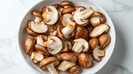 Fototapeta premium A bowl filled with sliced mushrooms on a marble surface.