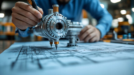 Engineer Designing Precision Metal Machine Part Blueprint Industrial Plan Gears Steel Sketch Diagram