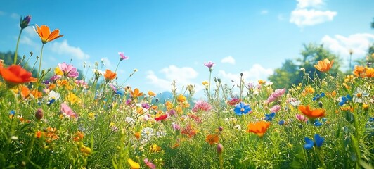 Wildflower Meadow Under Clear Blue Sky Sunlit Vibrant Flowers Lush Greenery Nature Landscape