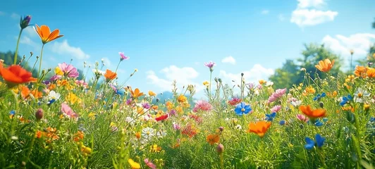 Fototapeten Wildflower Meadow Under Clear Blue Sky Sunlit Vibrant Flowers Lush Greenery Nature Landscape © Milana