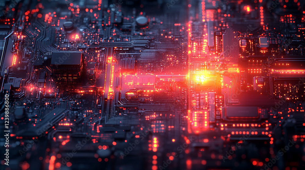 Poster abstract red circuit board technology background digital art futuristic design glowing lines network