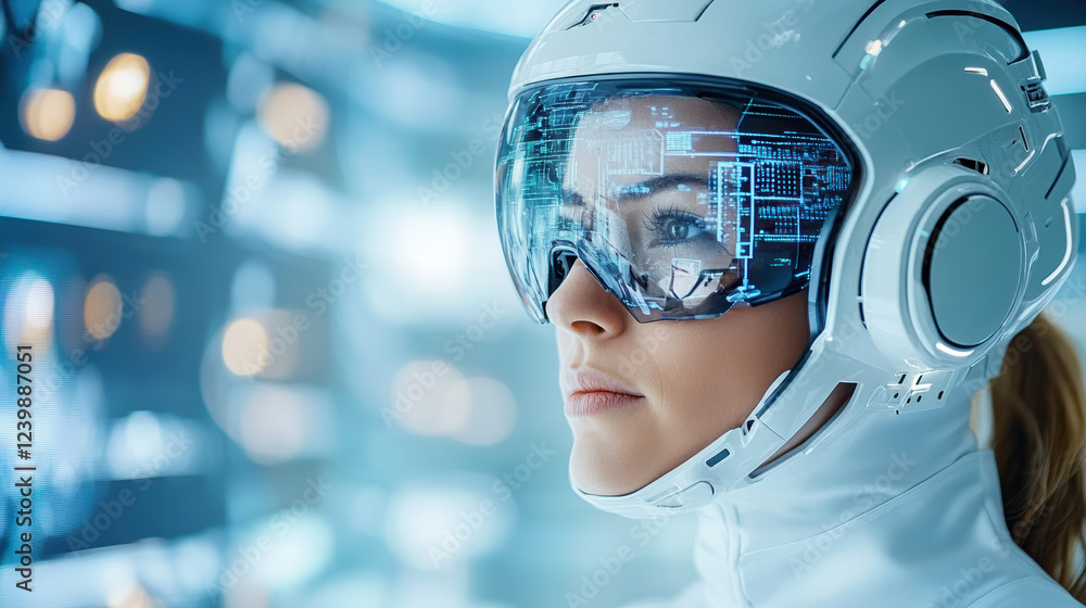 Poster cybernetic human with advanced bionic enhancements in futuristic setting