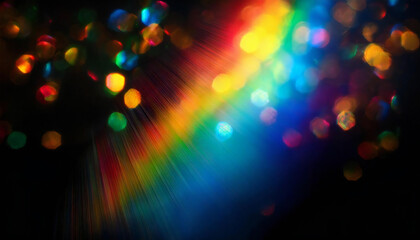 黒の背景に虹色のプリズムライト。虹色の光。太陽光のプリズム効果の抽象的な屈折。Rainbow prism light on a black background. Rainbow light. Abstract refraction of sunlight prism effect.