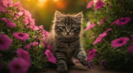 Adorable Kitten in Pink Flowers Sunset Garden Photo