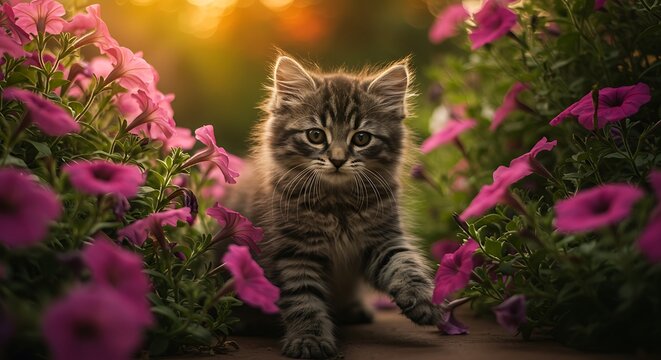 Adorable Kitten in Pink Flowers Sunset Garden Photo