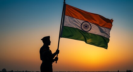 Indian Soldier Holding Flag at Sunset