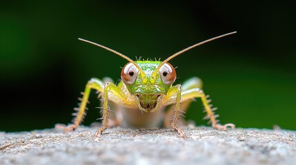 Green katydid close-up, forest background, nature photography