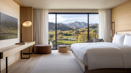 Modern hotel room with mountain view, featuring minimalist design and comfort