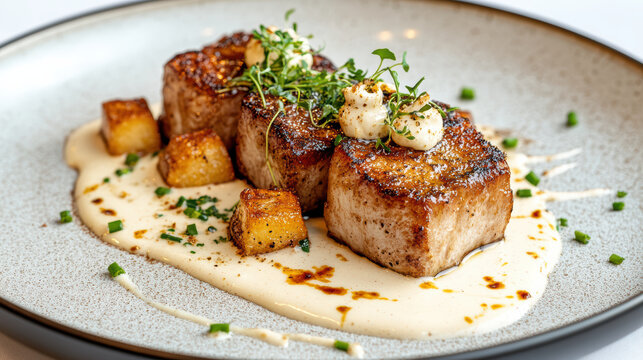 Delicious gourmet dish featuring seared meat, creamy sauce, and herbs