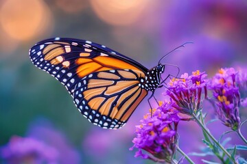 Naklejka premium Monarch Butterfly Feeding on Purple Flowers in Summer Garden Beauty with Autumn Aster Blooms