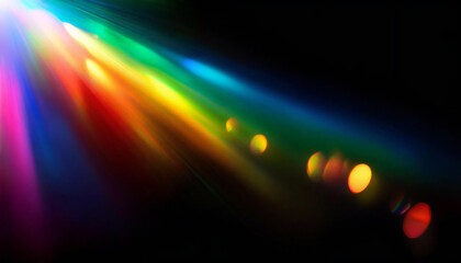 黒の背景に虹色のプリズムライト。虹色の光。太陽光のプリズム効果の抽象的な屈折。Rainbow prism light on a black background. Rainbow light. Abstract refraction of sunlight prism effect.