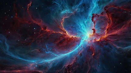 A vibrant nebula in space featuring a striking red and blue star generative ai