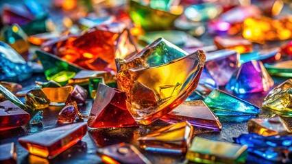 Fototapeta premium Spectrum of Shattered Glass: A captivating close-up of fractured glass, capturing the beauty and chaos of a broken whole. The shards shimmer in vibrant hues of red, orange, yellow, green, blue.