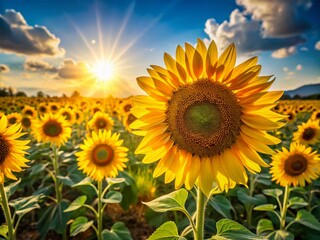 Vibrant Sunflowers Blooming in a Summer Field - Sunny Day Stock Photo