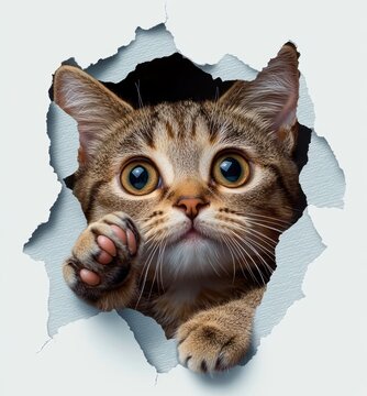 cute tabby cat peeking through torn paper wall close up hyper realistic soft lighting