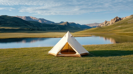 minimalist tent setup on high plateau overlooking serene lake and mountains