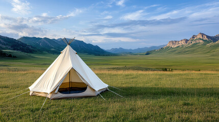 minimalist tent setup on high plateau with stunning mountain views
