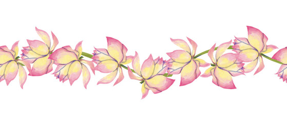 Watercolor Seamless Pattern Border with Big Buds Flowers Lotus Plants, for Print, Web and Textile